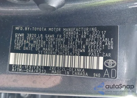 2017 Toyota Corolla Le из США, поврежденный, VIN 2T1BURHE3HC854726